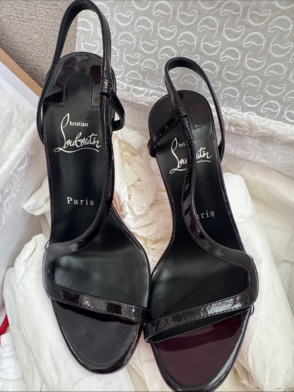 Christian Louboutin Black Patent Asymmetric Strap Slingbacks